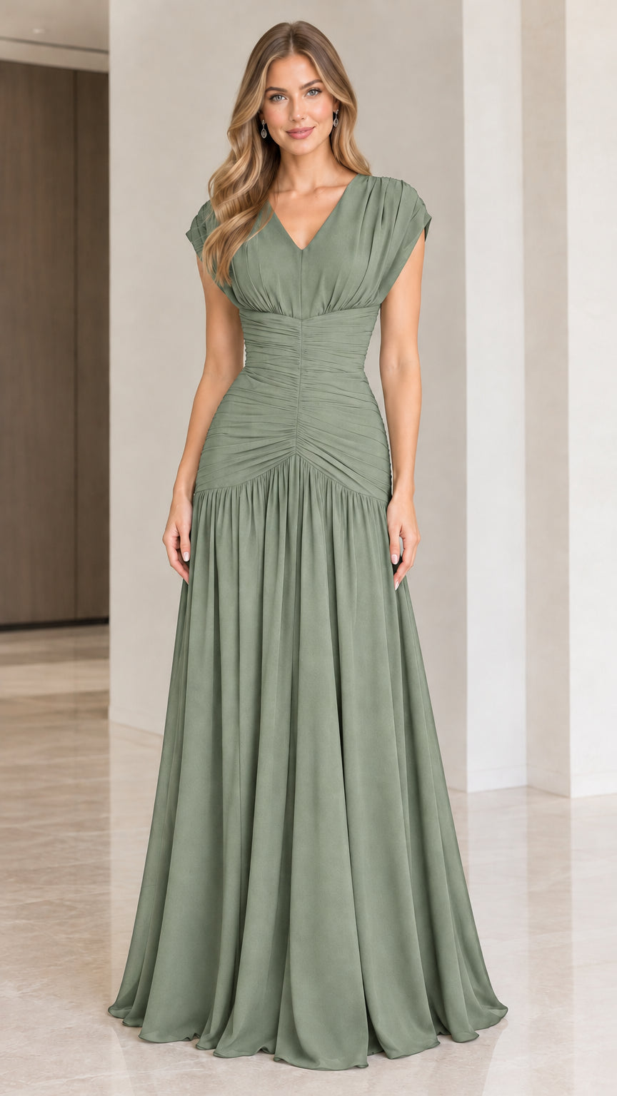 Model wearing Sage Green elegant ruched V-neck formal maxi gown