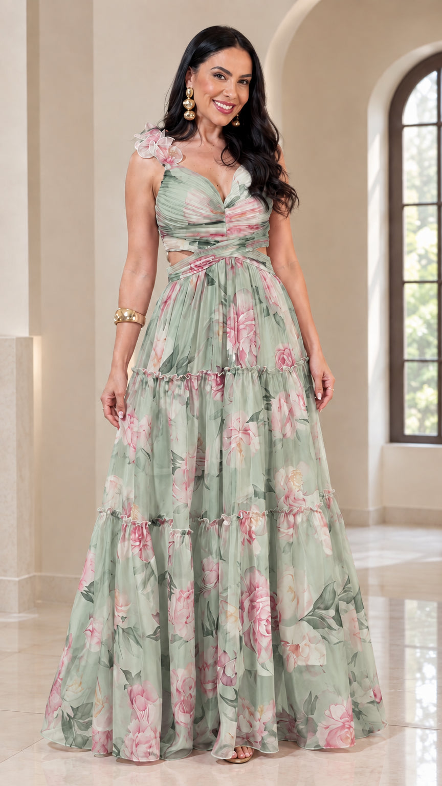 Model wearing Sage Green floral print cutout tiered maxi dress