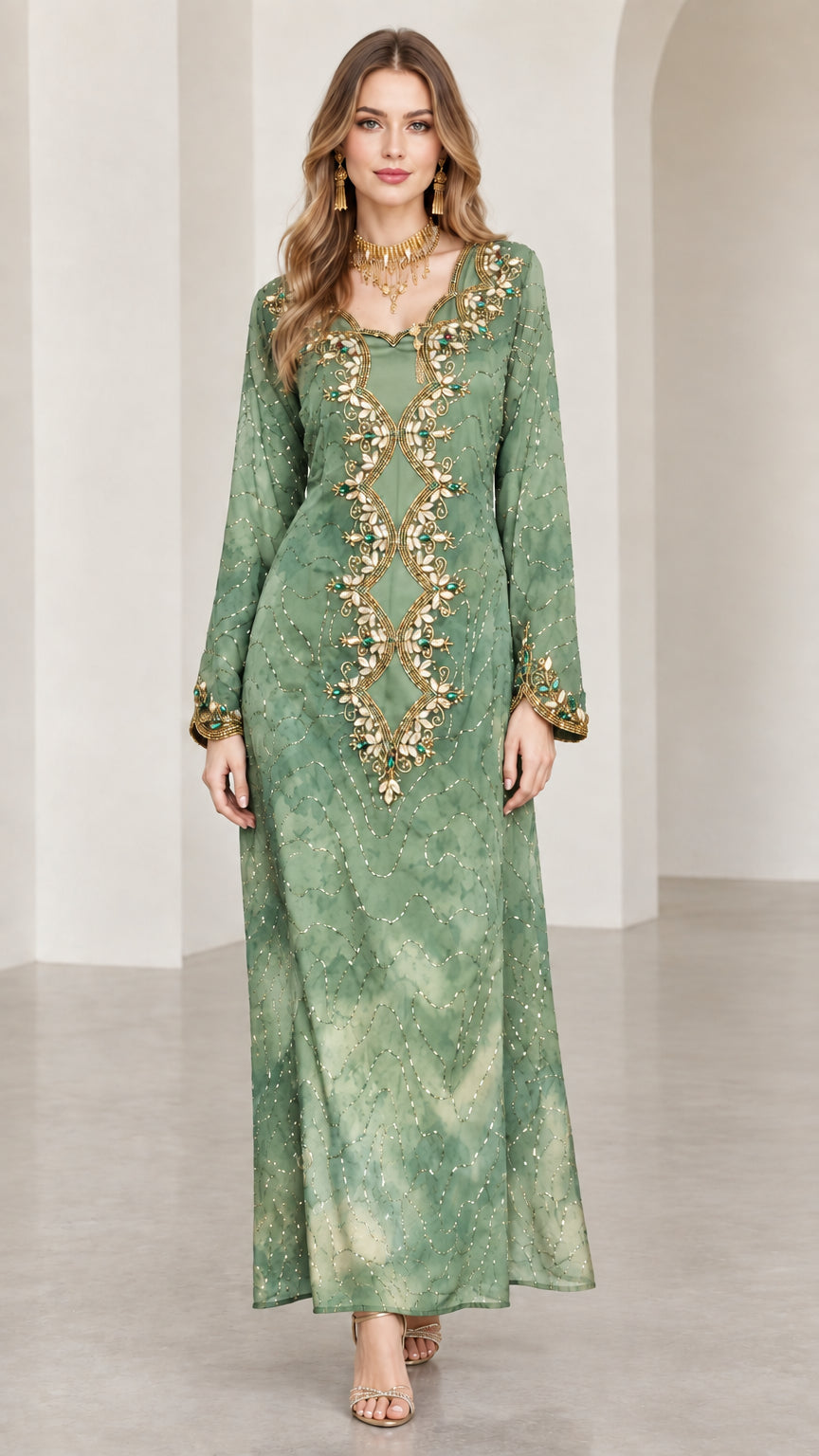 Model wearing Sage Green beaded long sleeve kaftan maxi dress