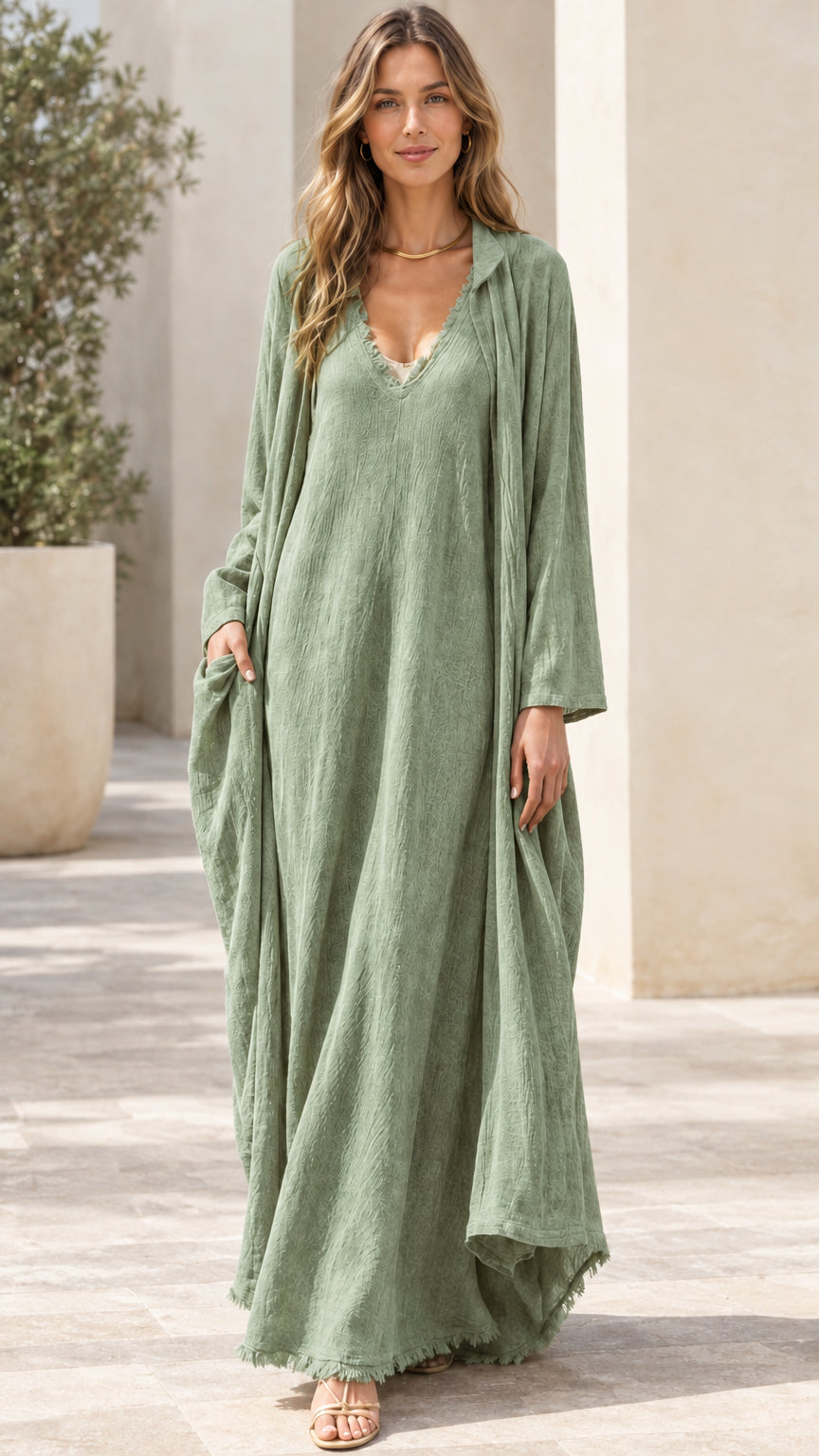 Women's 2-piece crinkle maxi dress and duster set in Sage Green