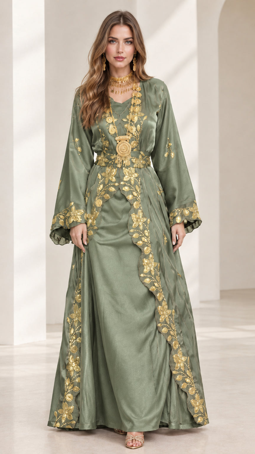 Front view of sage green satin embroidered maxi kaftan gown