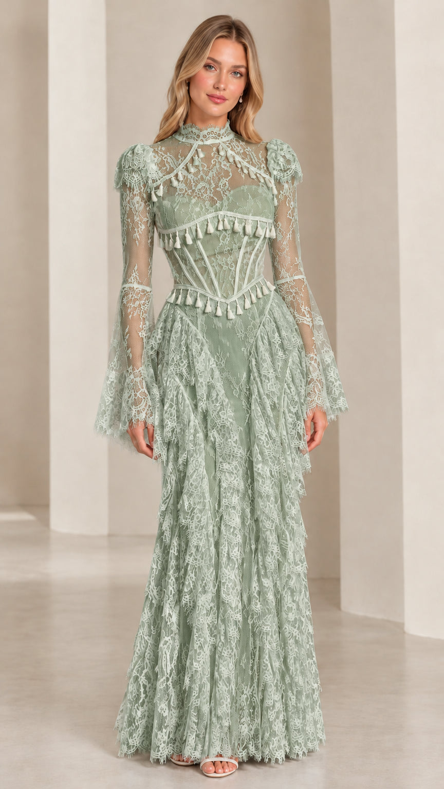 Front view of sage green long lace evening gown with corset waist