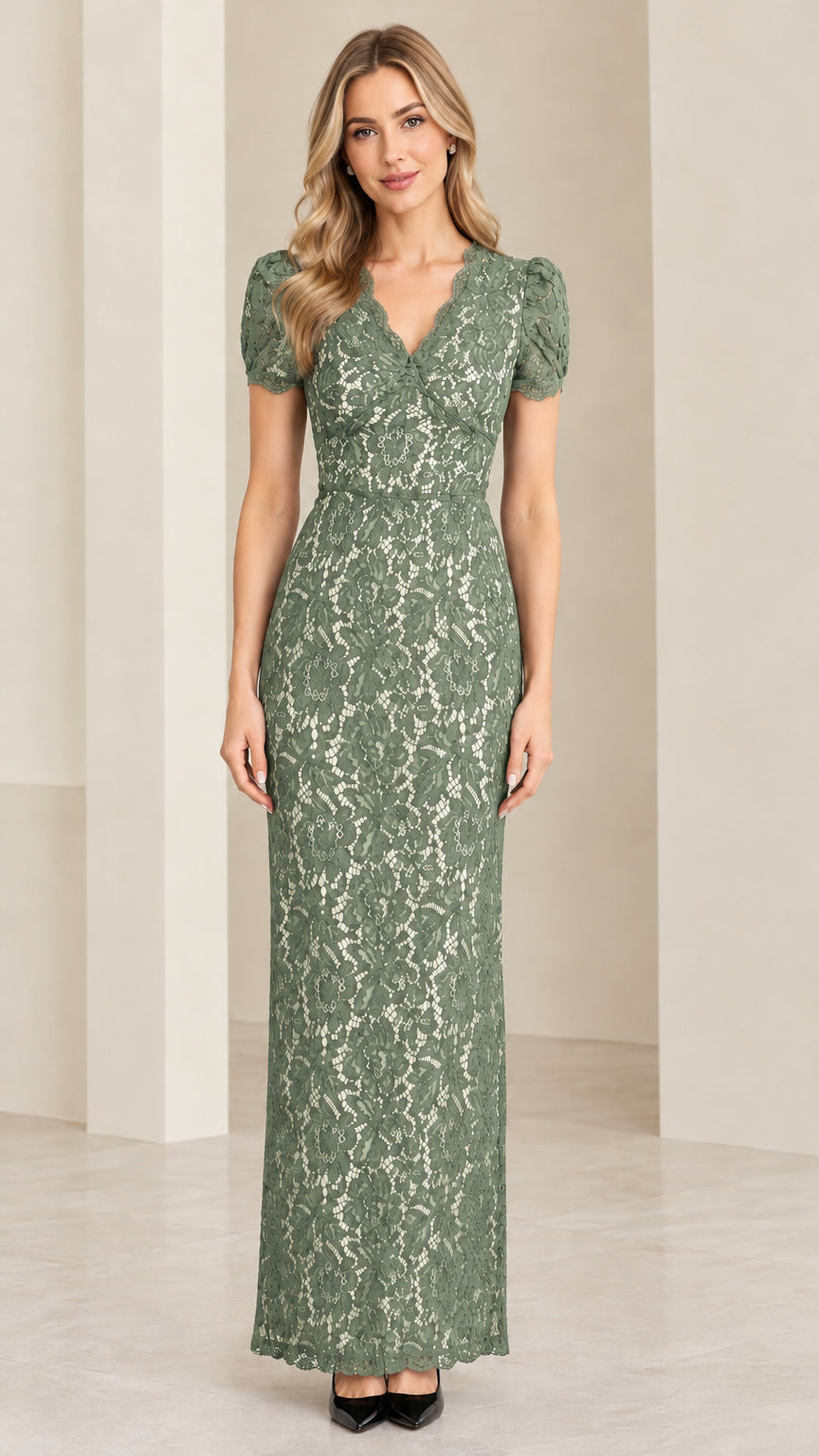 Front full view of model wearing sage green floral lace short sleeve maxi dress