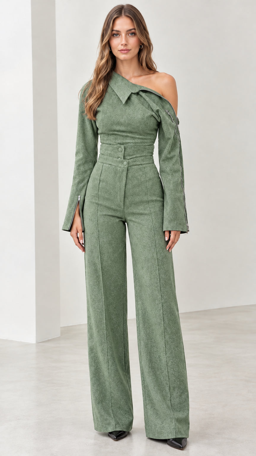 Front view of model wearing sage green off-the-shoulder jumpsuit