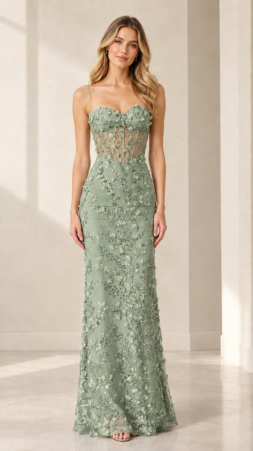 Full-length front view of model wearing Sage Green sheer corset evening gown