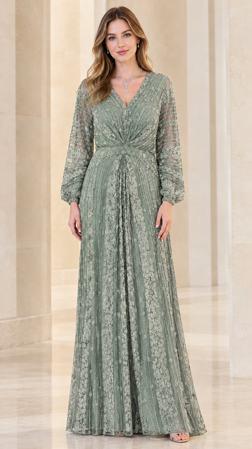 Sage Green embellished long sleeve V-neck maxi dress