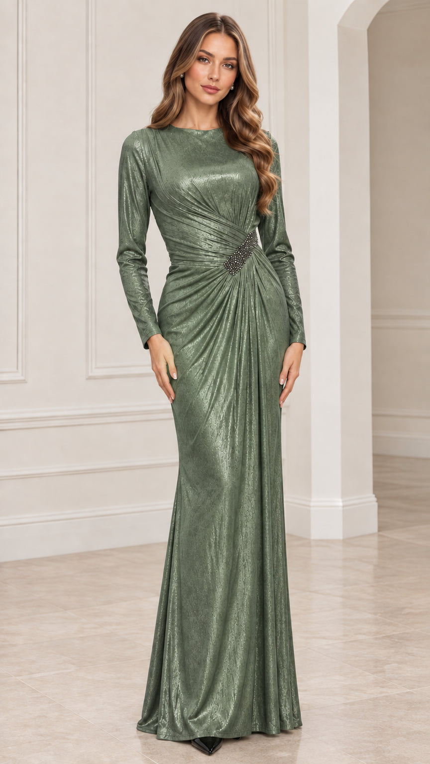 Front view of Sage Green metallic long sleeve evening gown with waist ruching
