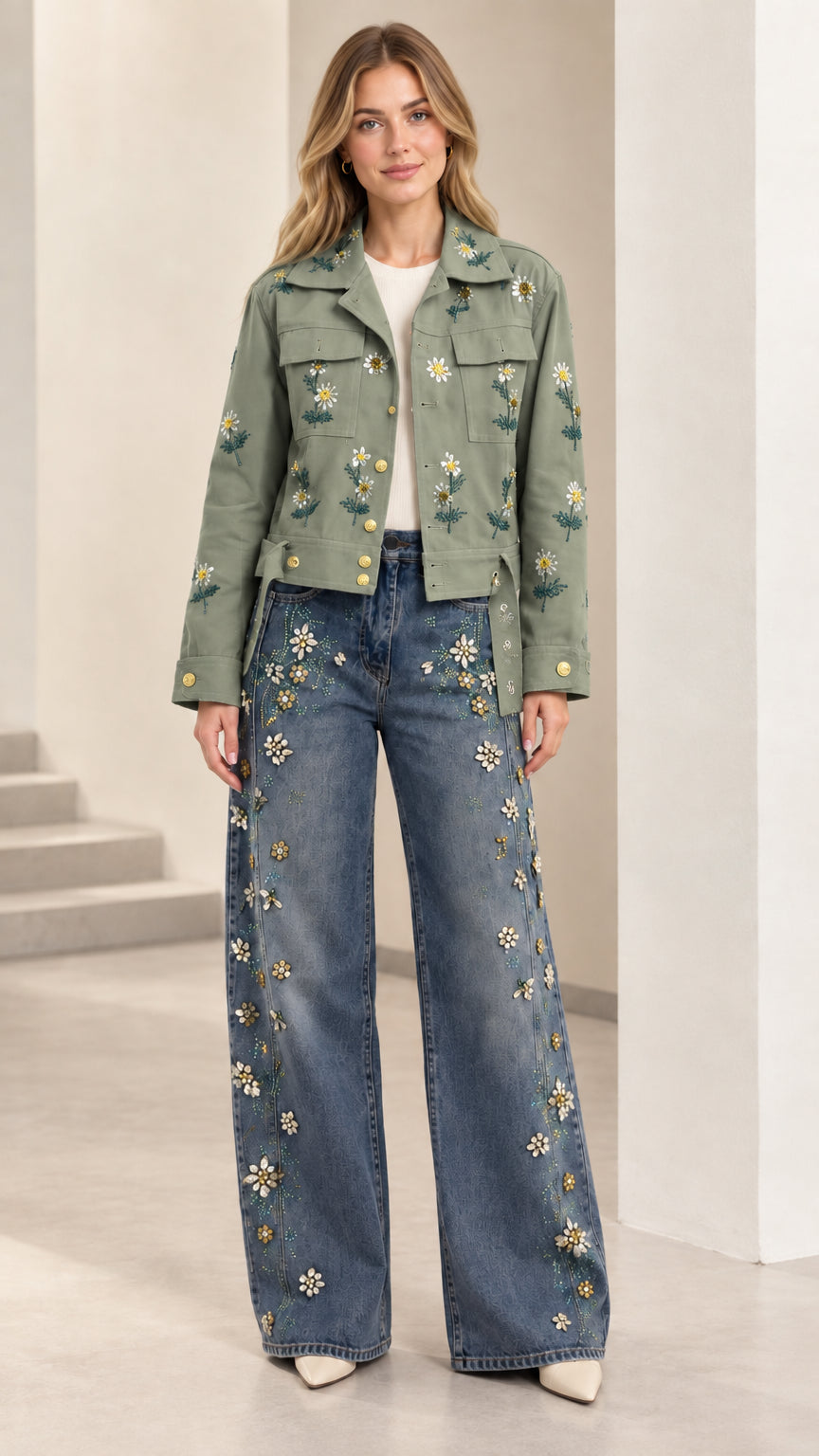 Full look featuring sage green floral embroidered utility jacket