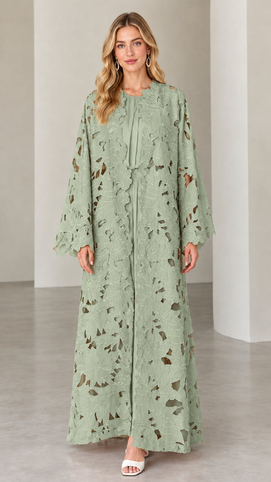 Sage green floral cutout lace modest abaya dress set