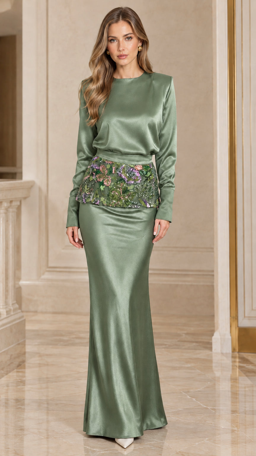 Sage green long sleeve satin maxi evening gown with floral embroidered waist