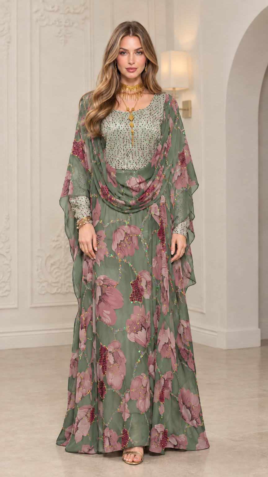 Front view of woman wearing Sage Green floral embellished kaftan maxi dress