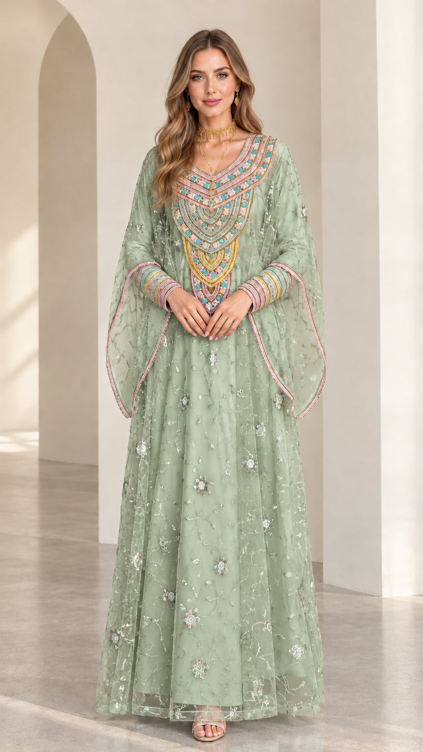 Full front view of sage green embroidered cape sleeve kaftan maxi dress