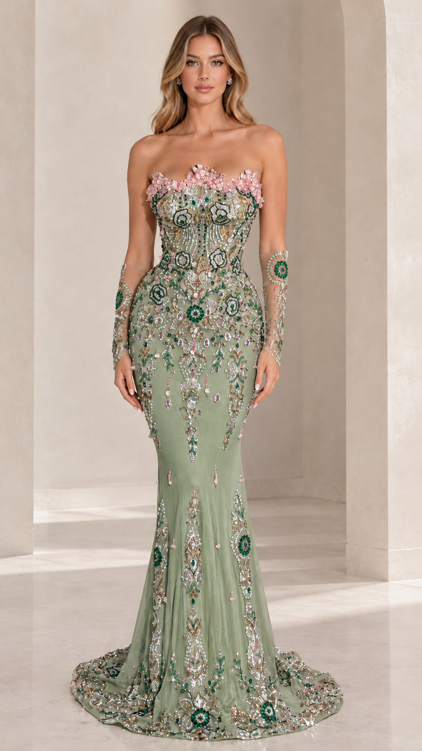 Front view of sage green strapless embellished mermaid formal gown