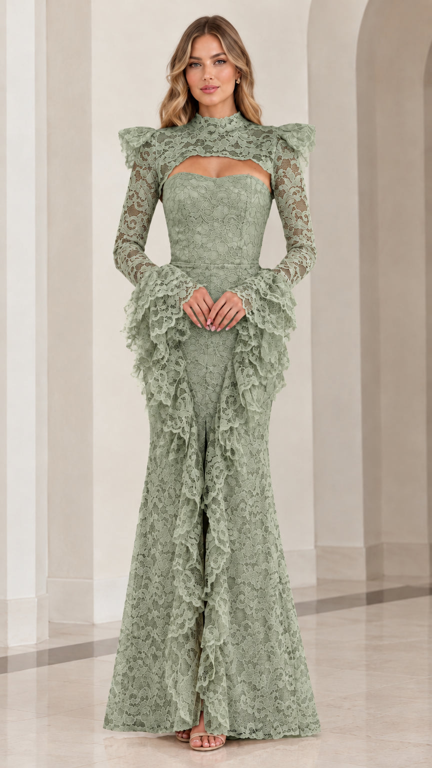 Front view of sage green high neck lace evening gown with slit detail