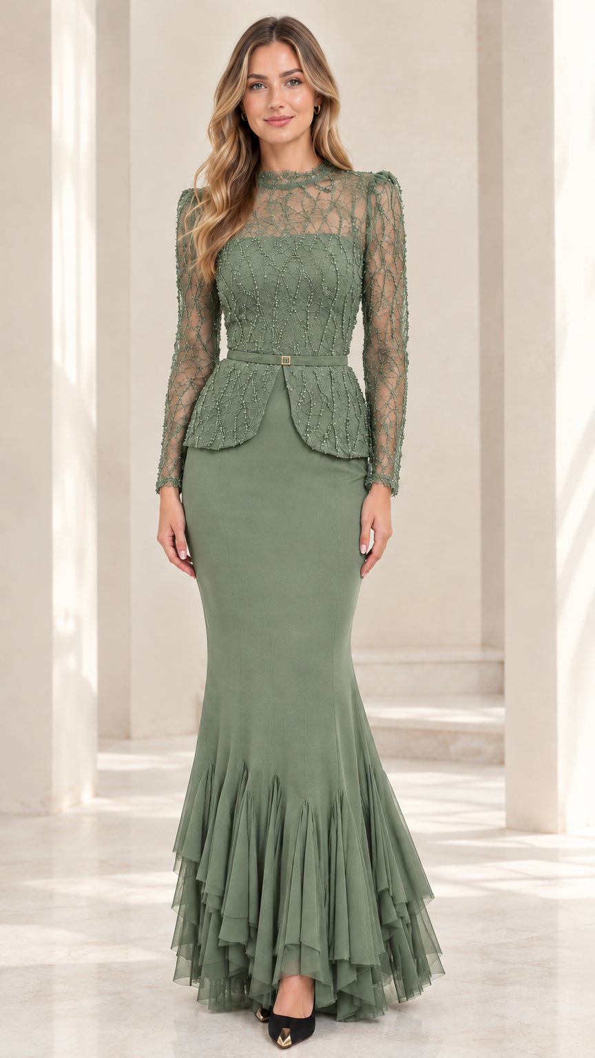 Sage green illusion lace peplum mermaid formal dress