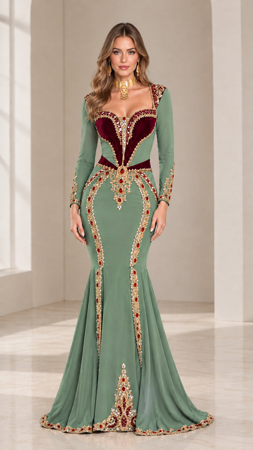 Sage green embellished mermaid maxi gown with long sleeves and velvet sweetheart detail