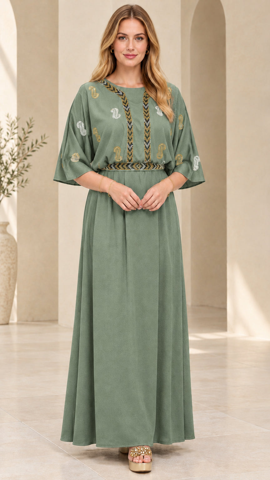 Front view of model wearing the sage green embellished kaftan maxi dress