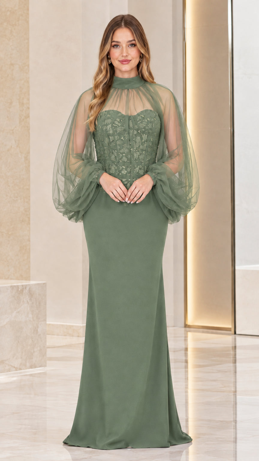 Sage green high neck maxi evening dress with sheer balloon sleeves
