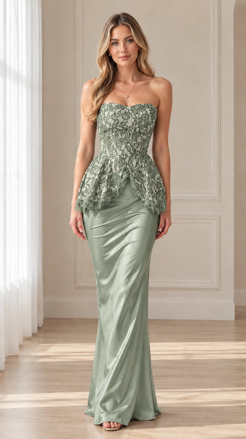 Front view of model wearing sage green strapless lace peplum evening gown