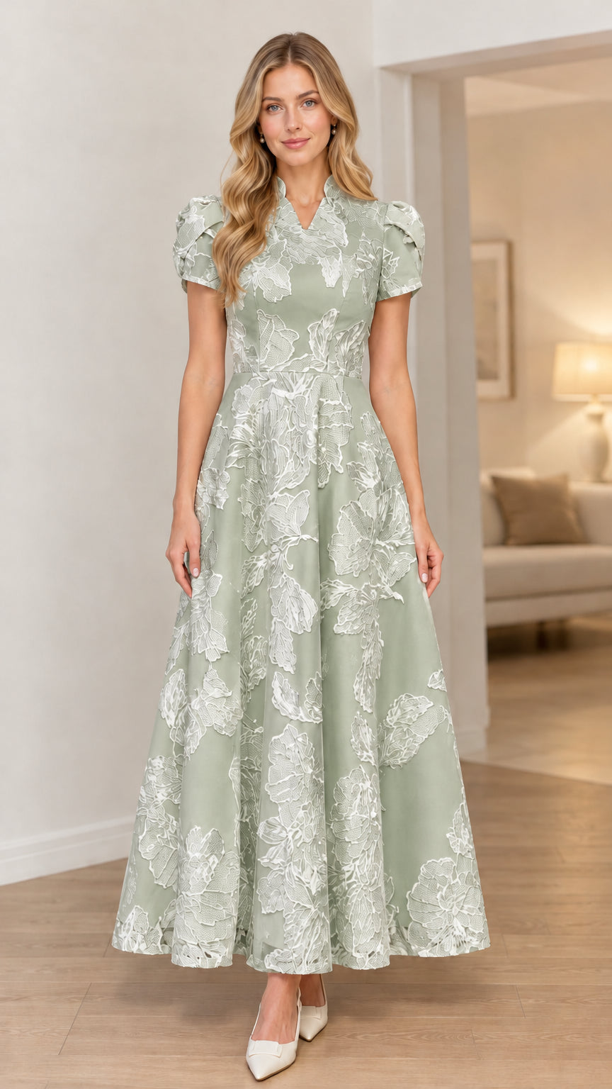 Sage green floral jacquard puff sleeve formal dress