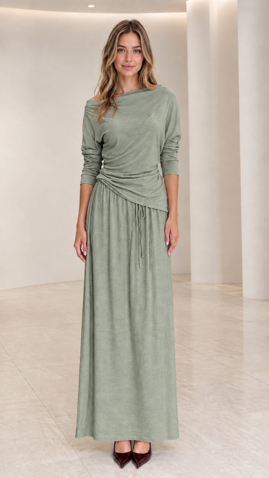 Front view of woman wearing Sage Green long sleeve draped maxi dress