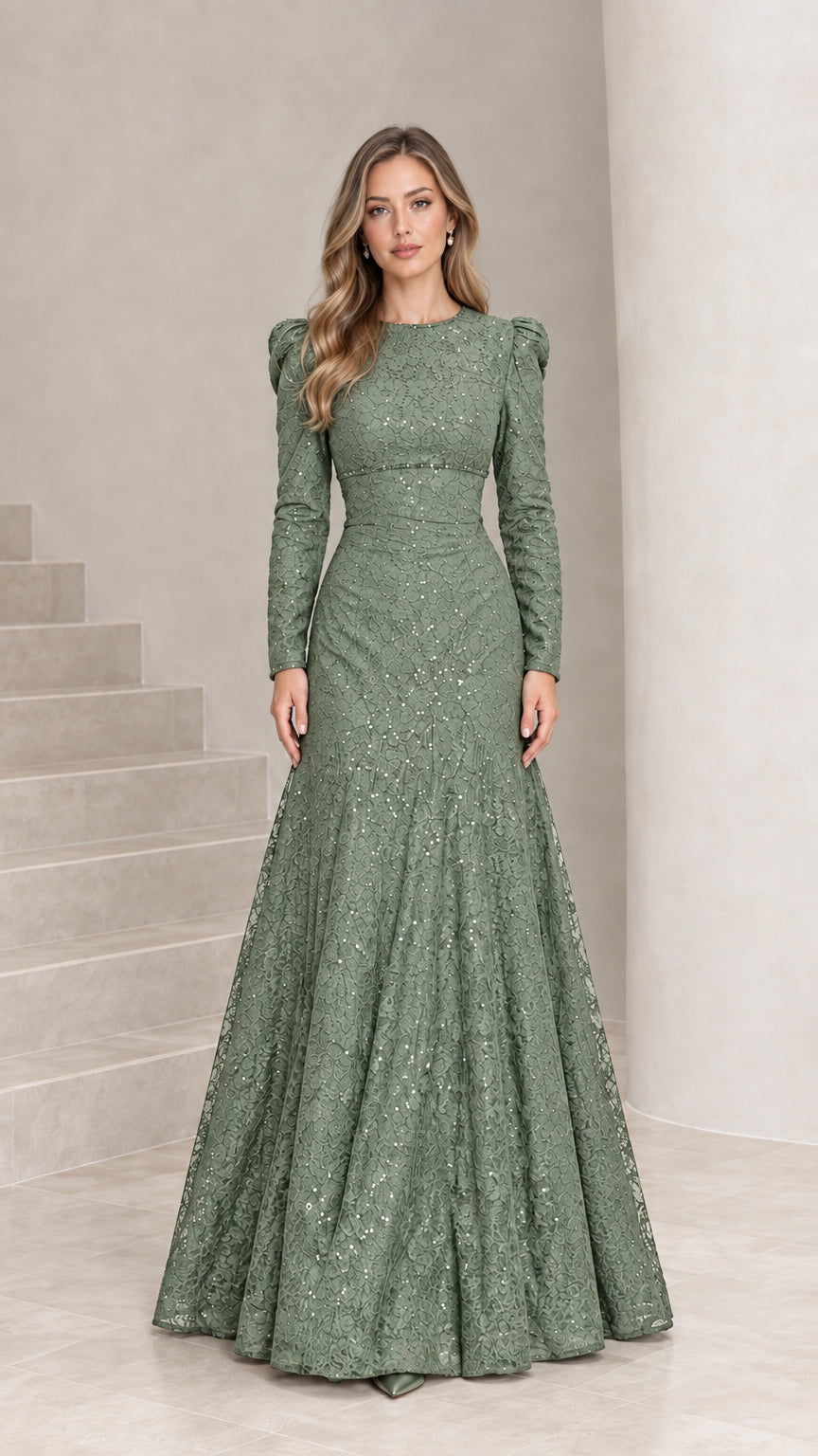 Sage green long sleeve sequin lace floor-length formal maxi dress