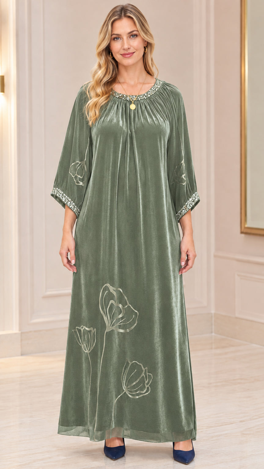 Sage green velvet maxi caftan dress with embellished neckline