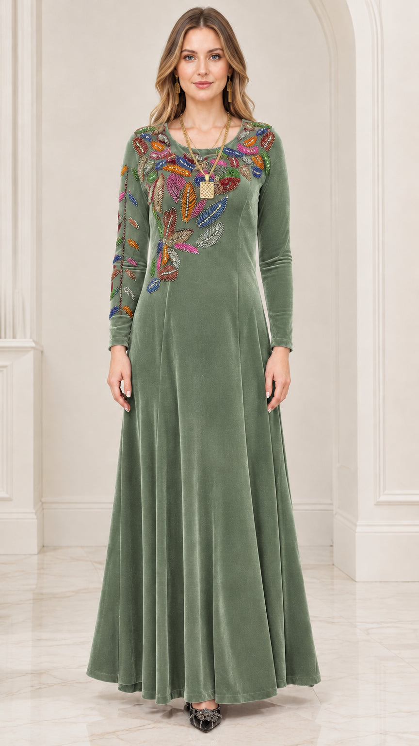 Front view of sage green velvet beaded maxi dress