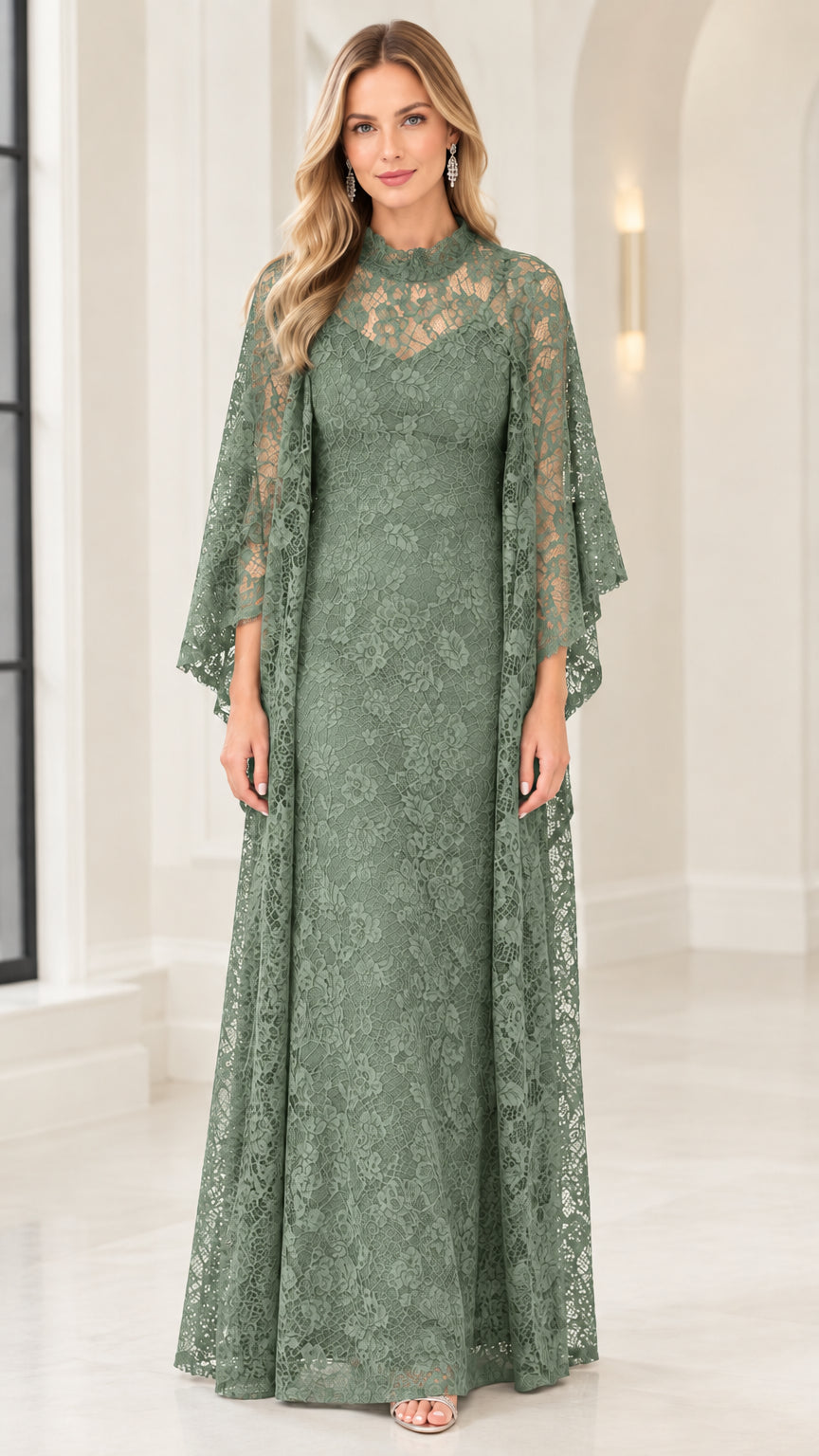 Model wearing Sage Green floral lace formal gown with matching cape overlay