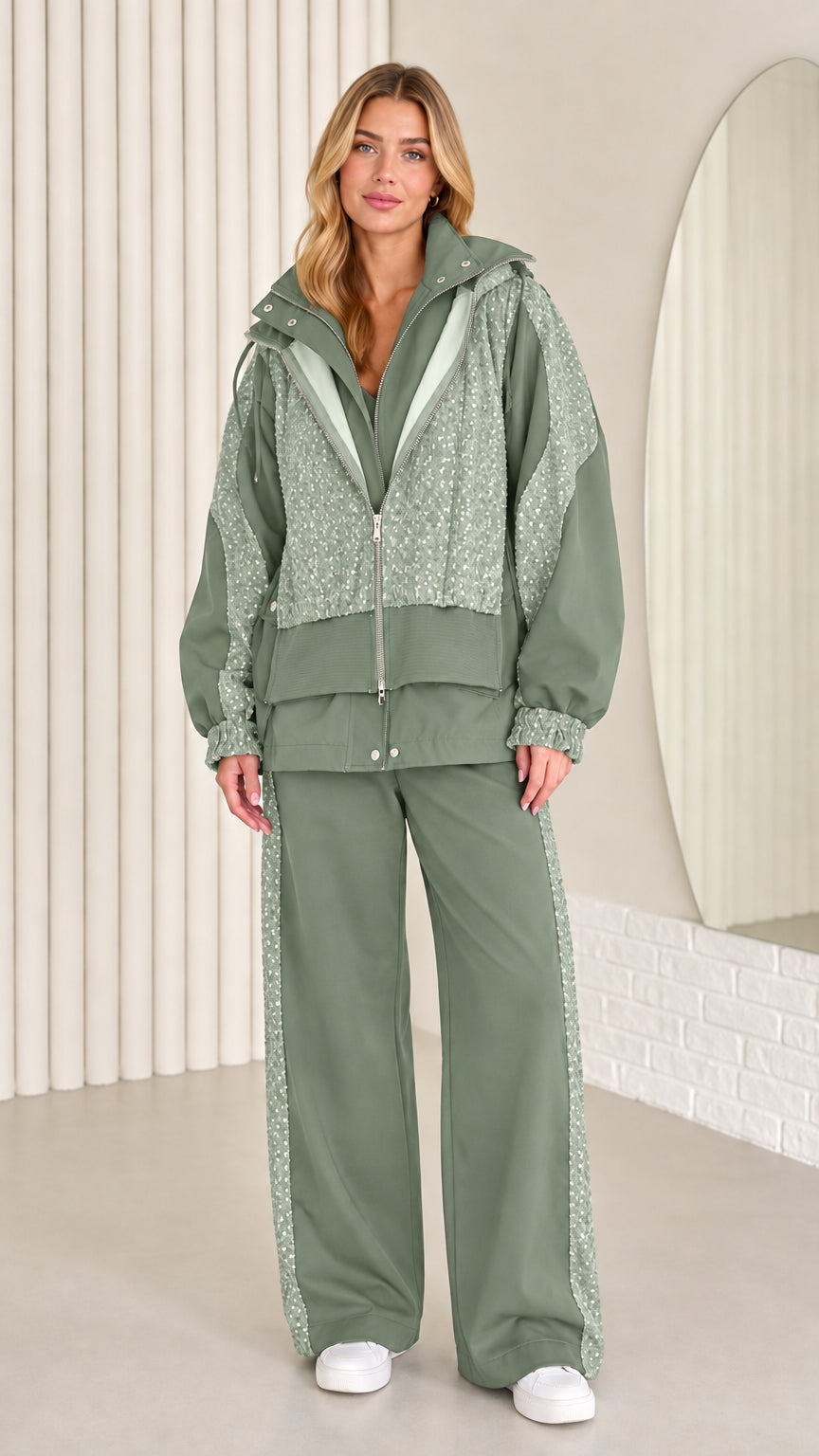 Full front view of women's sage green sequin windbreaker and pants set