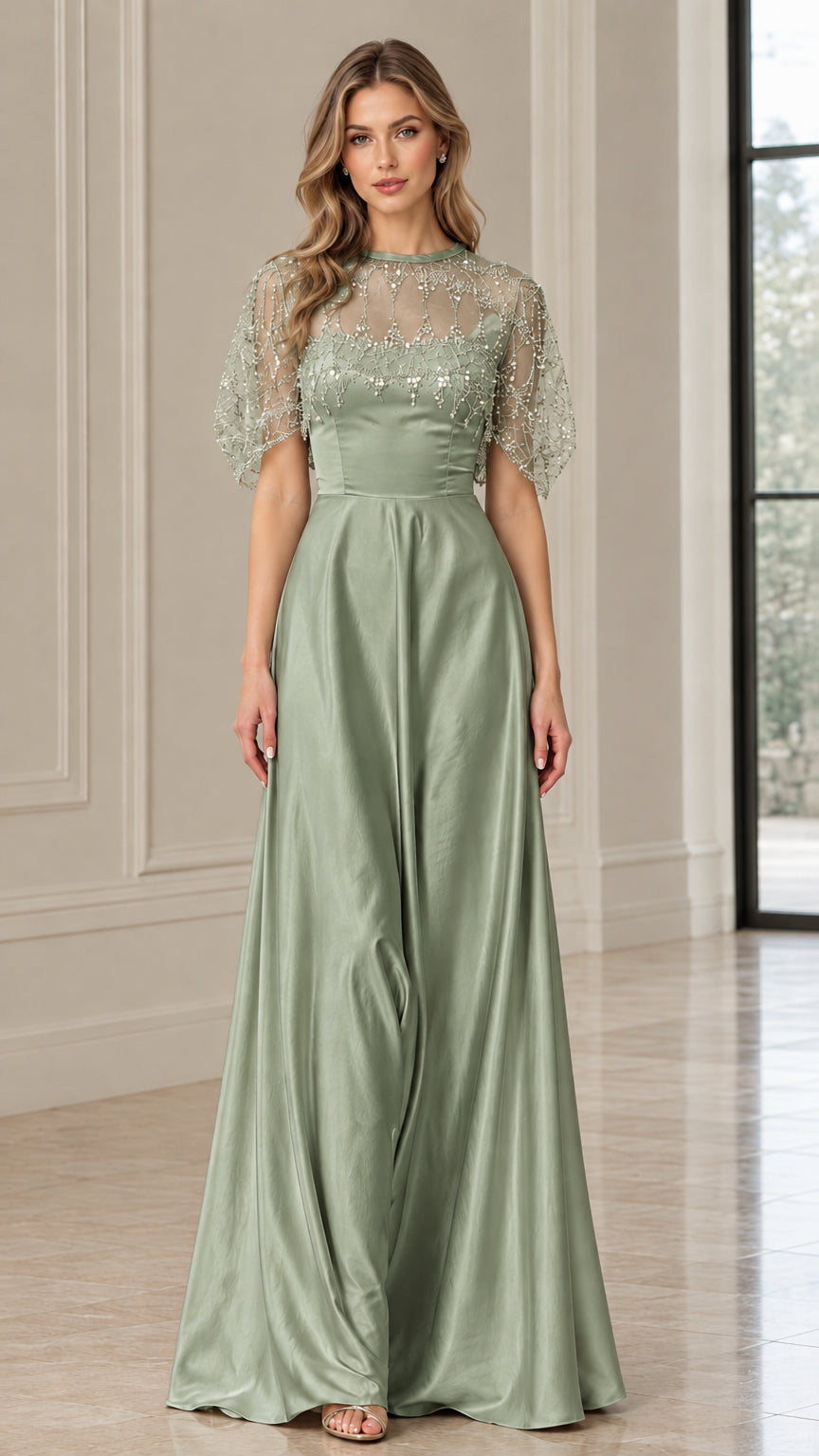 Front view of sage green beaded illusion capelet satin maxi dress