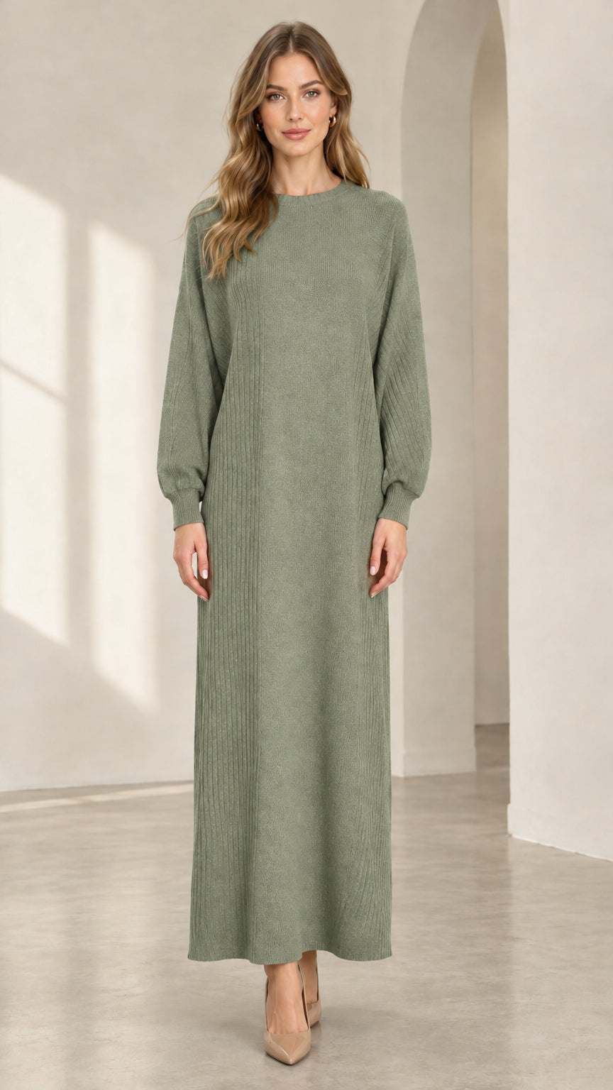 Front view of woman wearing sage green textured knit long sleeve maxi dress
