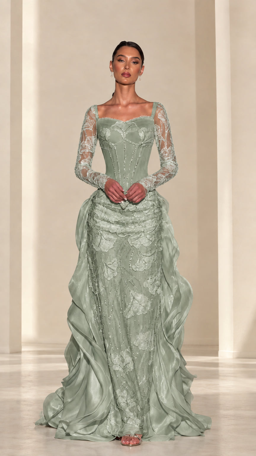 Front view of sage green embroidered corset gown with sheer sleeves