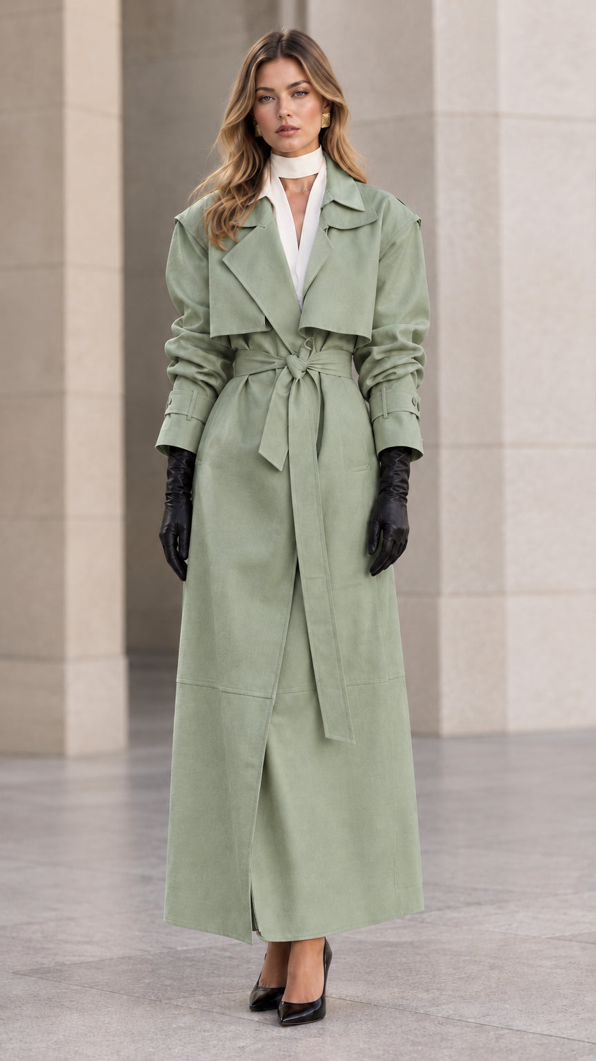 Full-length front view of woman wearing sage green maxi belted trench coat