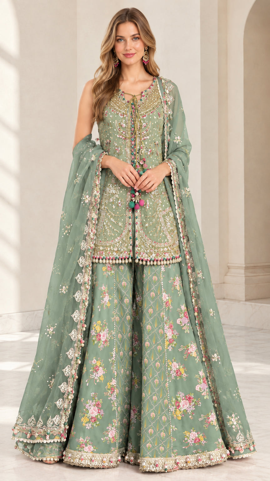 Full-length view of Sage Green floral embroidered 3-piece sharara suit set