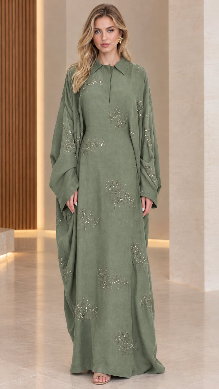Sage Green collared sequin kaftan maxi dress front view