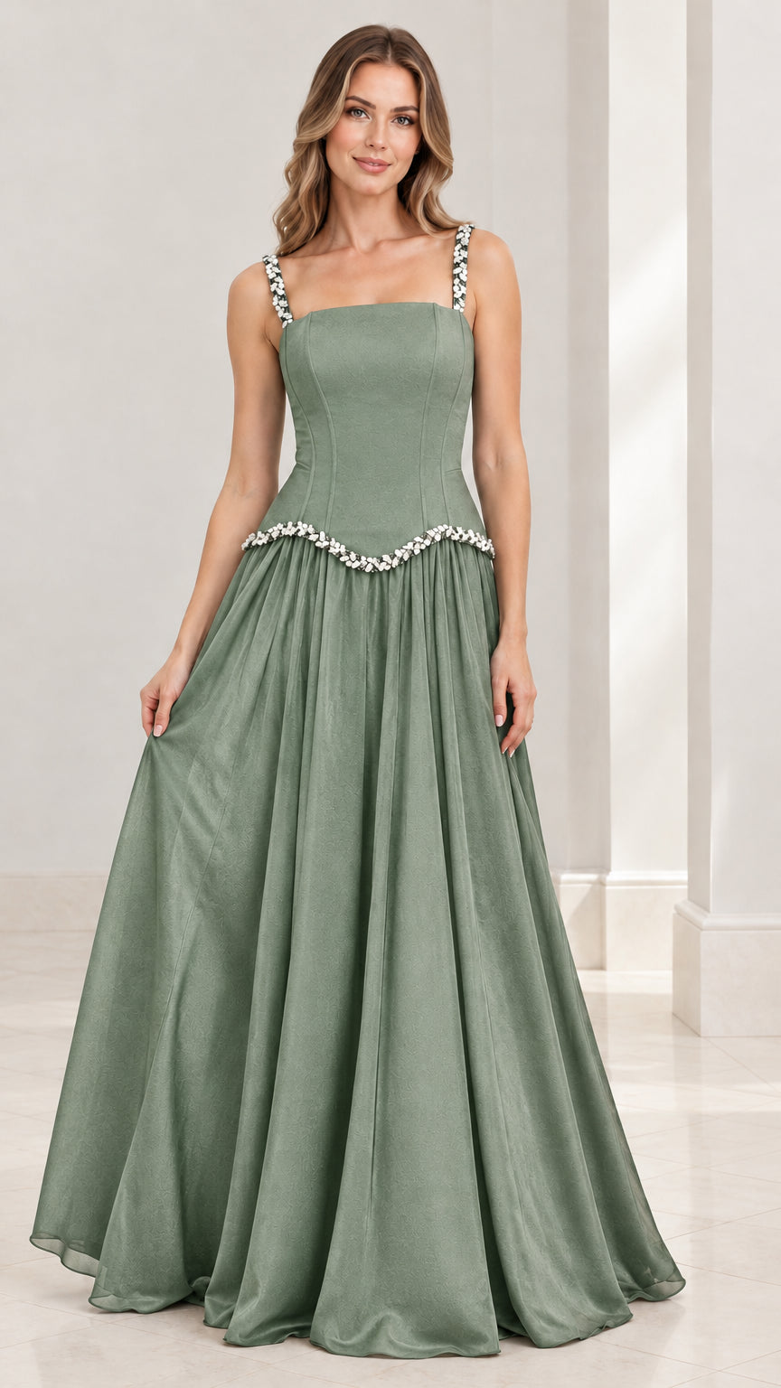 Model wearing the sage green floor-length formal evening dress