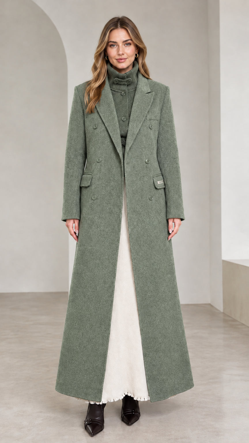 Front view of sage green tailored double-breasted maxi coat