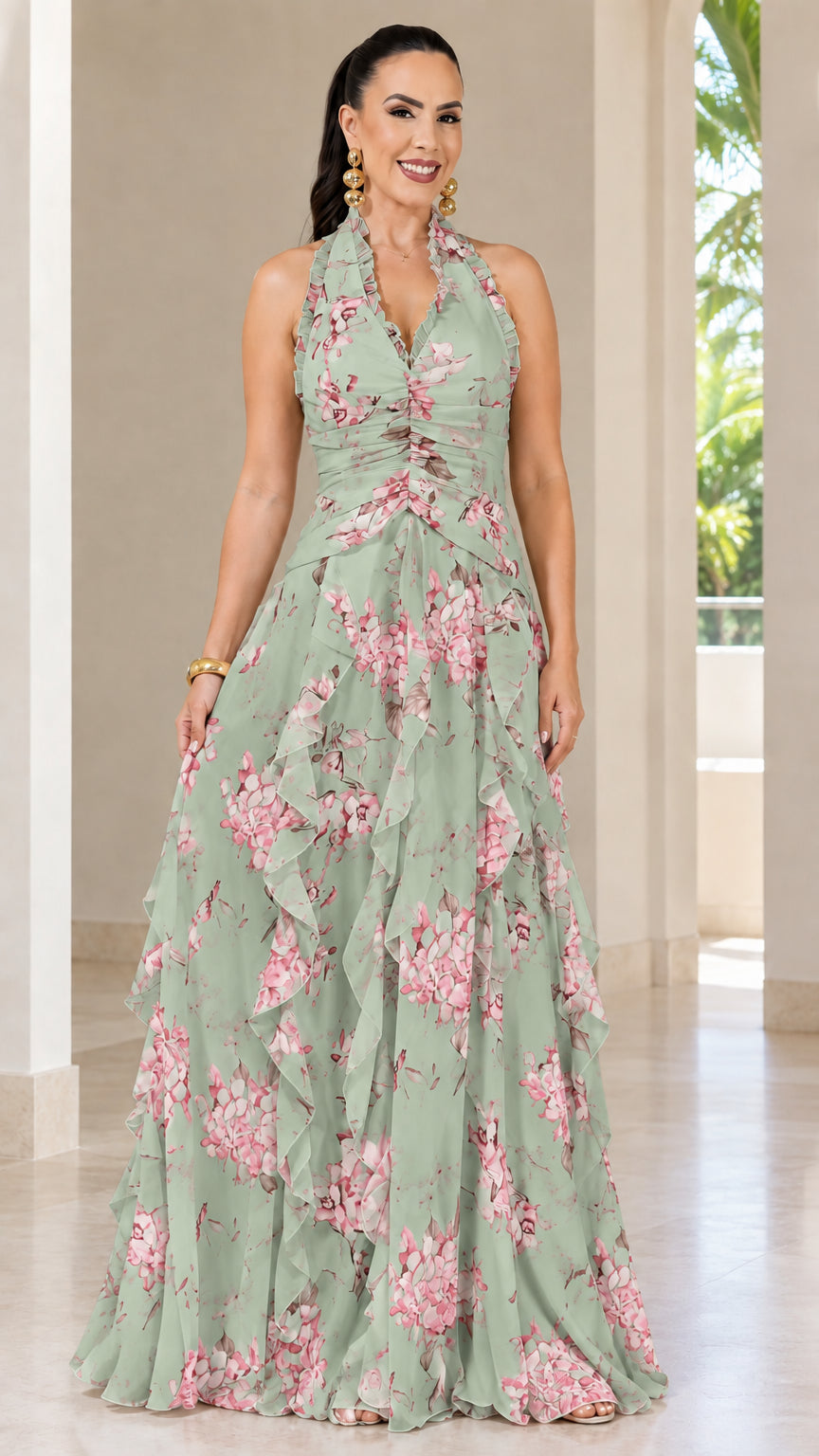 Full-length view of sage green floral halter neck tiered maxi dress