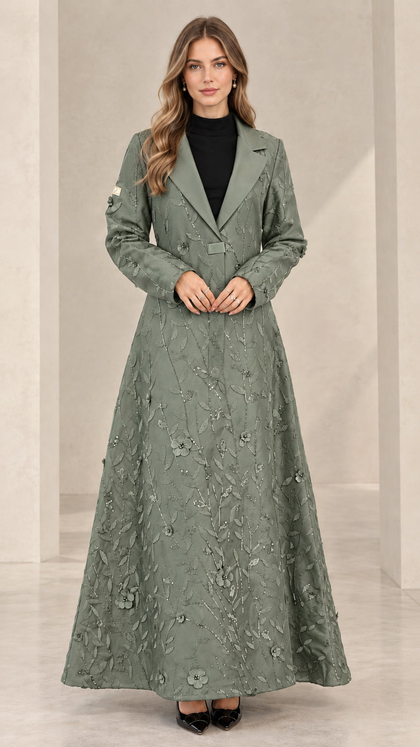 Front view of woman wearing sage green floral sequin maxi evening coat