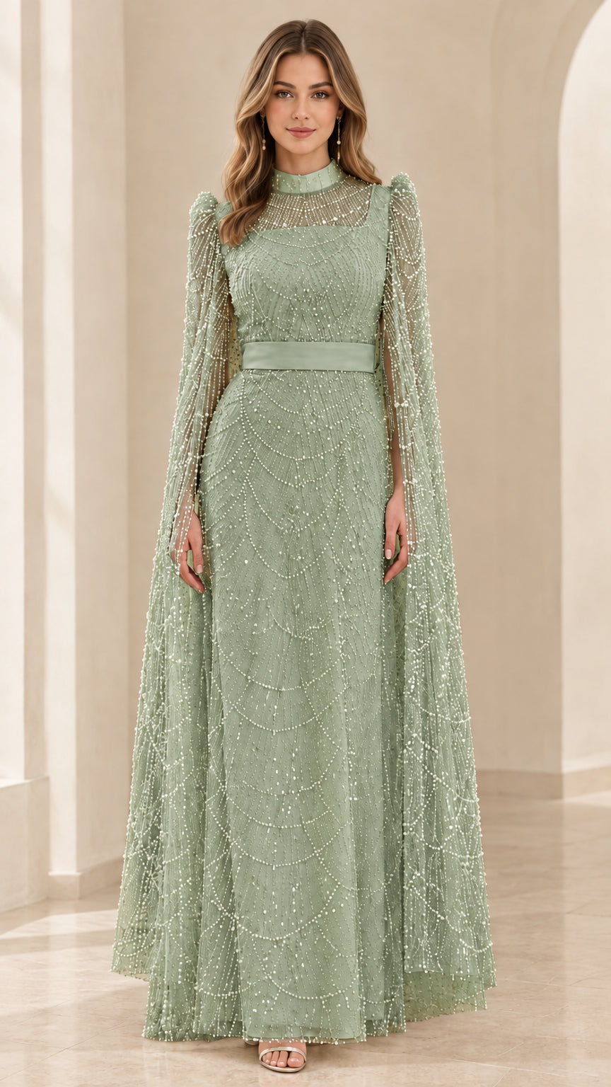 Sage green high-neck beaded cape evening gown