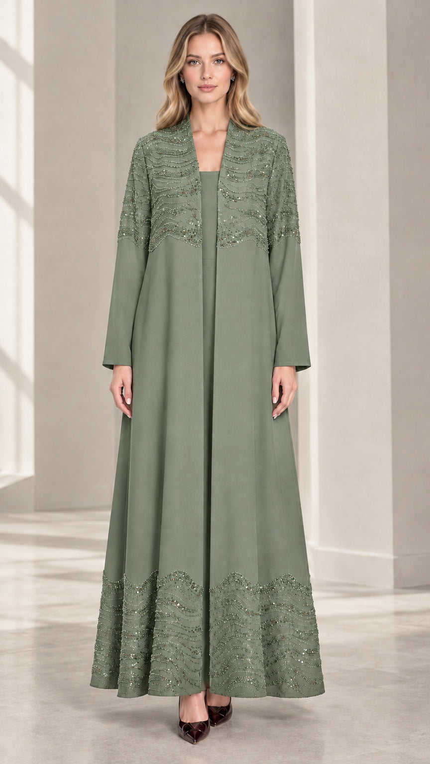 Front view of woman wearing Sage Green sequined embroidered evening maxi dress set