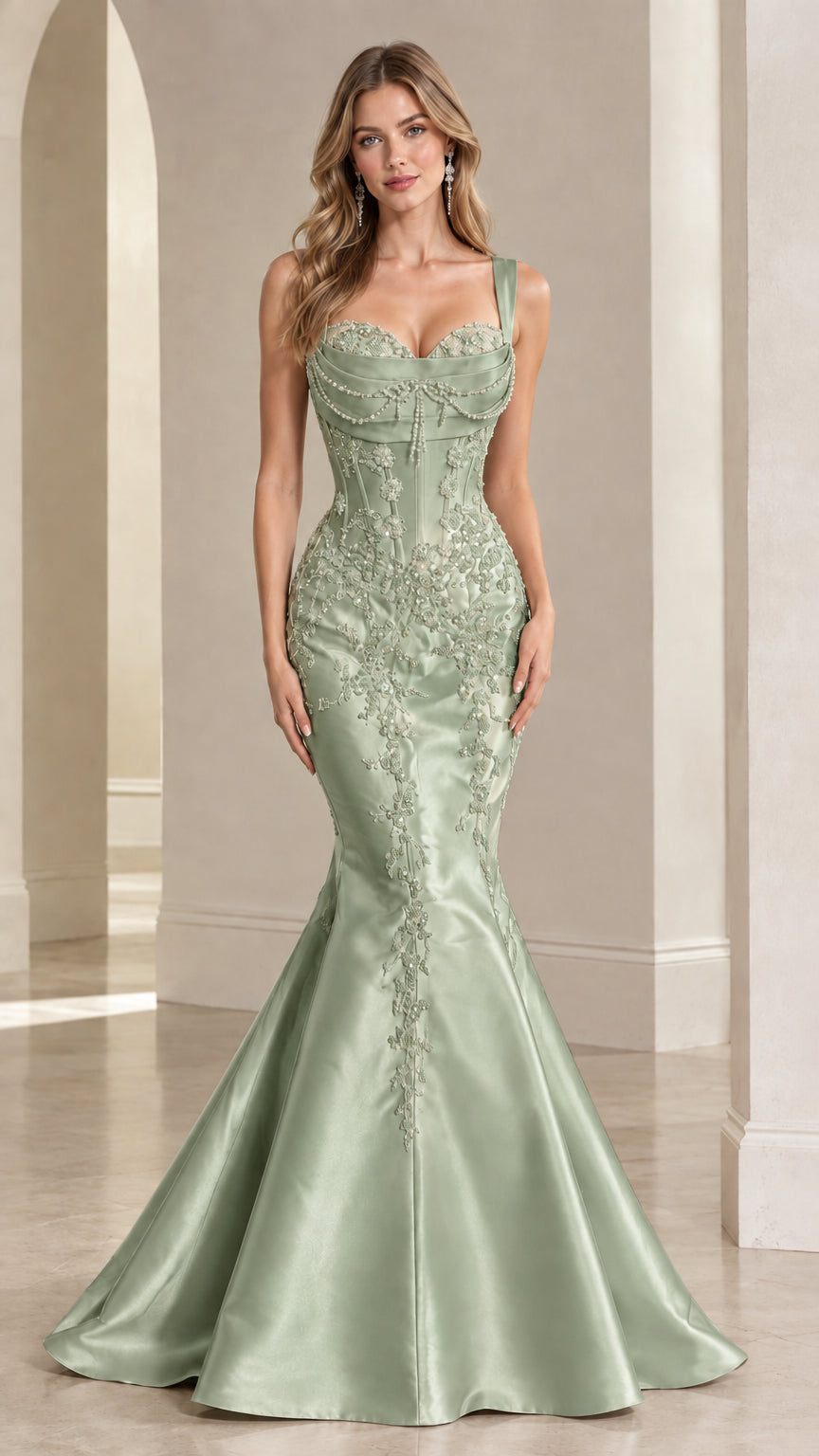 Front view of sage green beaded corset satin mermaid evening gown