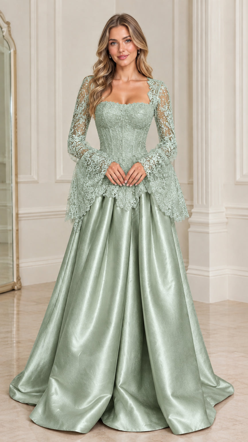 Model wearing sage green lace bell sleeve corset satin evening dress