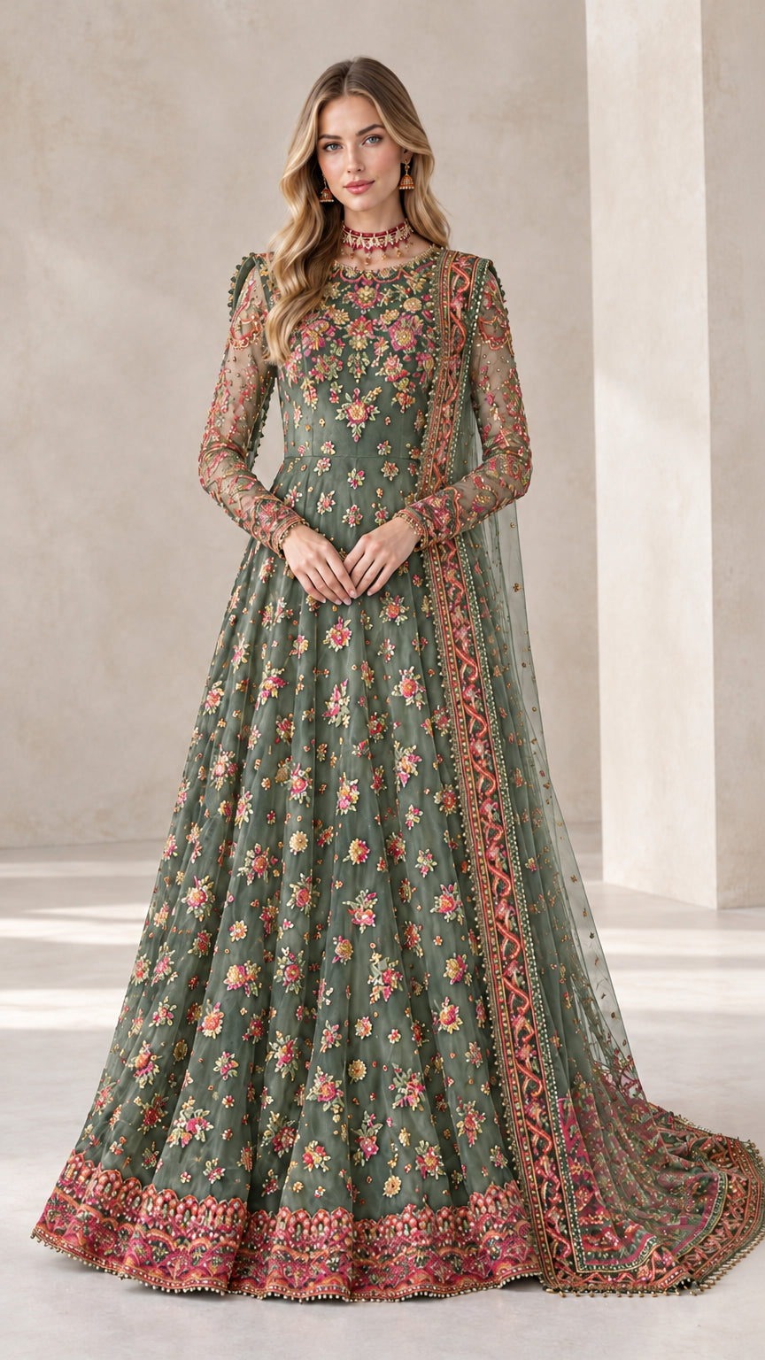 Sage green embroidered floor length formal gown