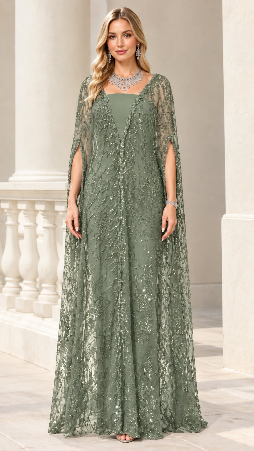Sage green embellished cape evening gown