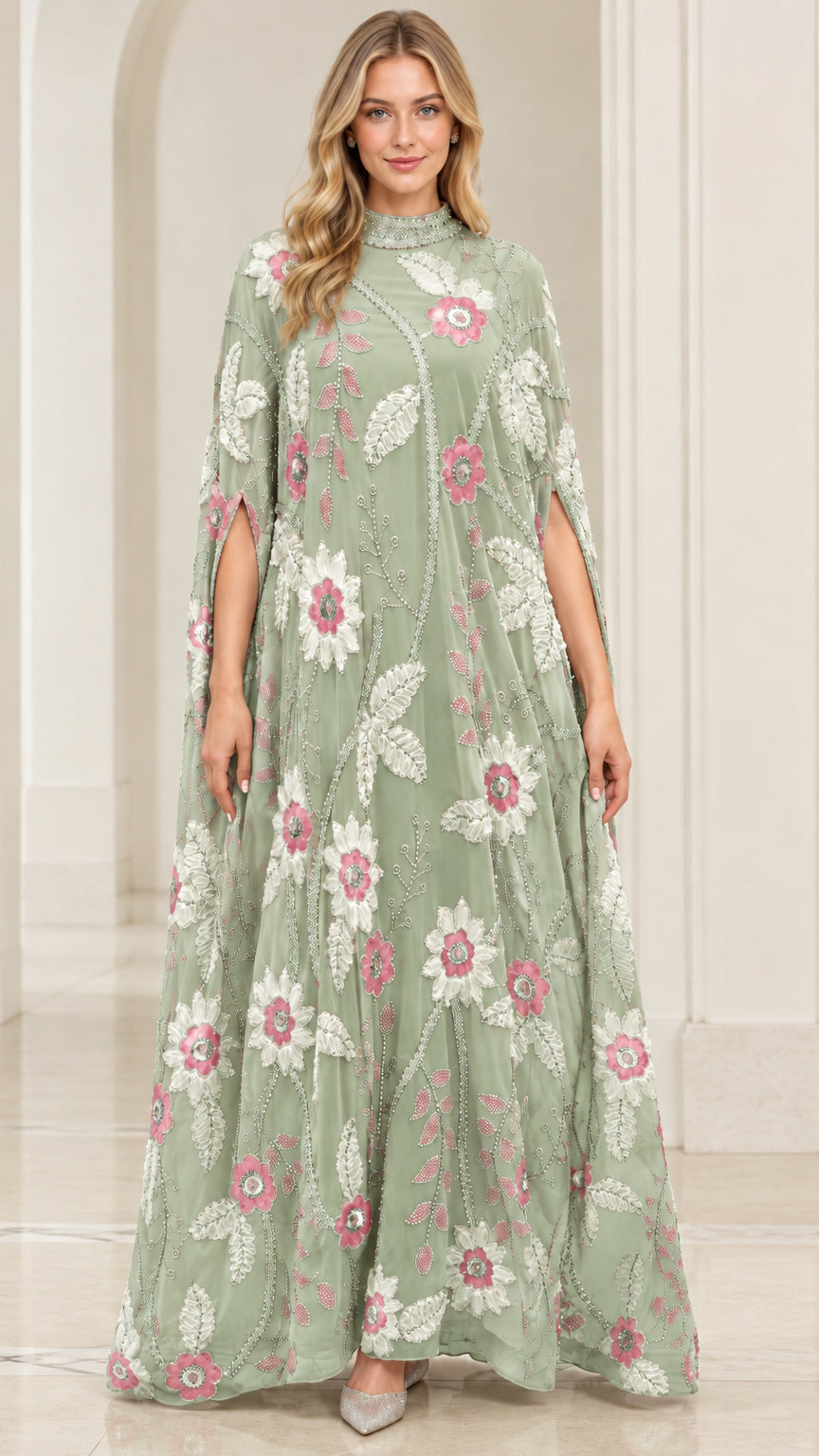 Sage green floral embroidered high-neck cape evening gown