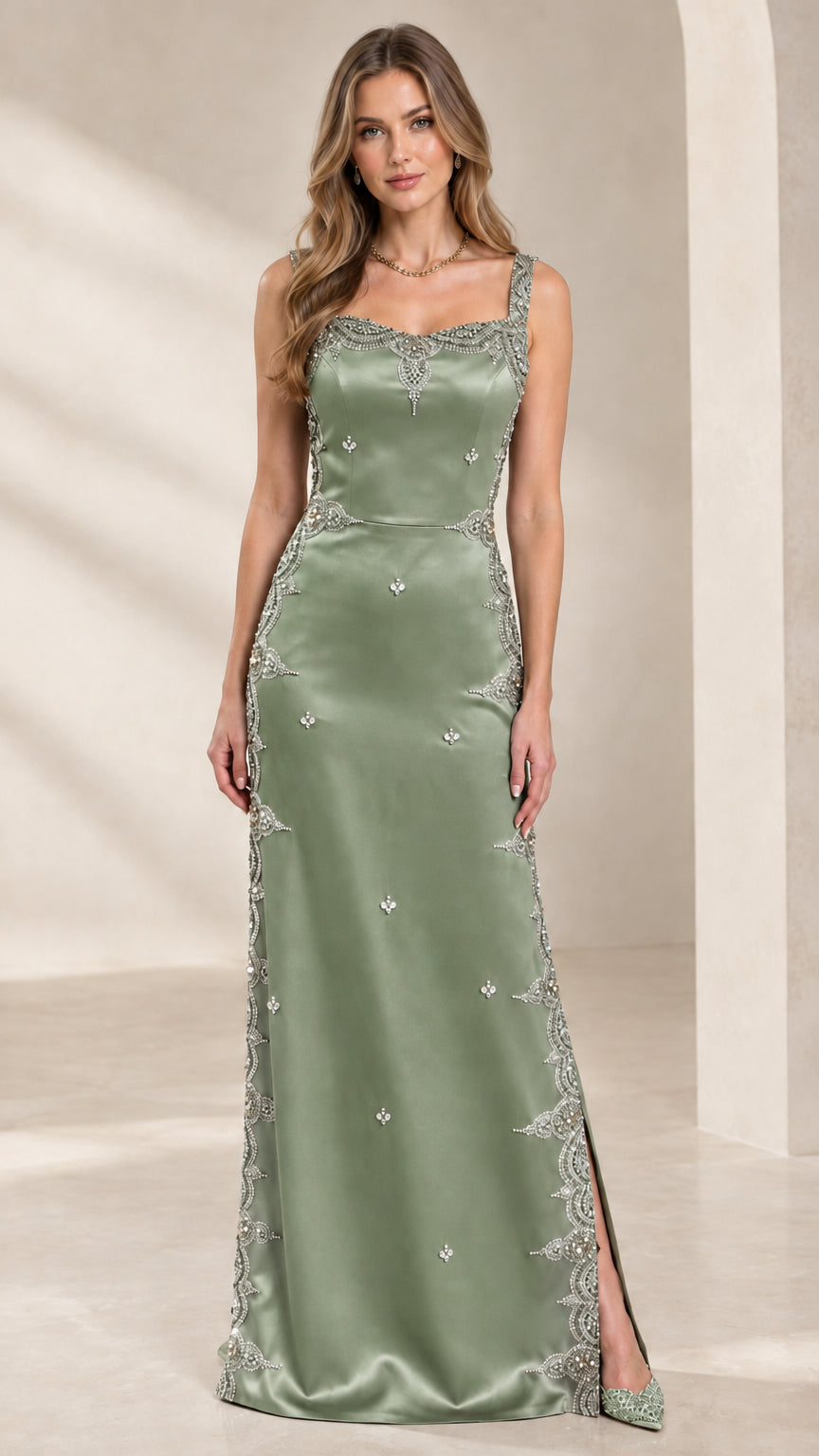 Full length sage green square neck embellished satin maxi gown