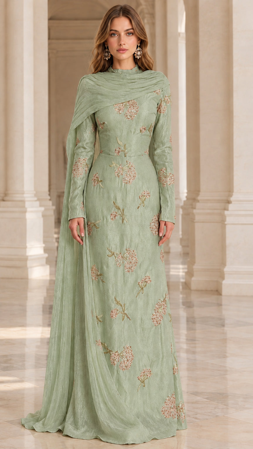 Sage green long sleeve embroidered evening dress with shoulder drape