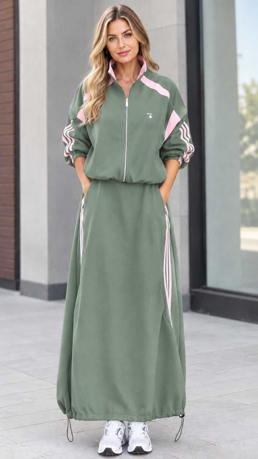 Sage green two-piece sporty zip jacket and maxi skirt set with contrast stripes